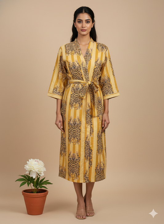 Artisan Hand-Block Printed Cotton Kimono Robe - Premium 100% Cotton Long Dressing Gown - Versatile Summer Loungewear & Beach Cover-Up