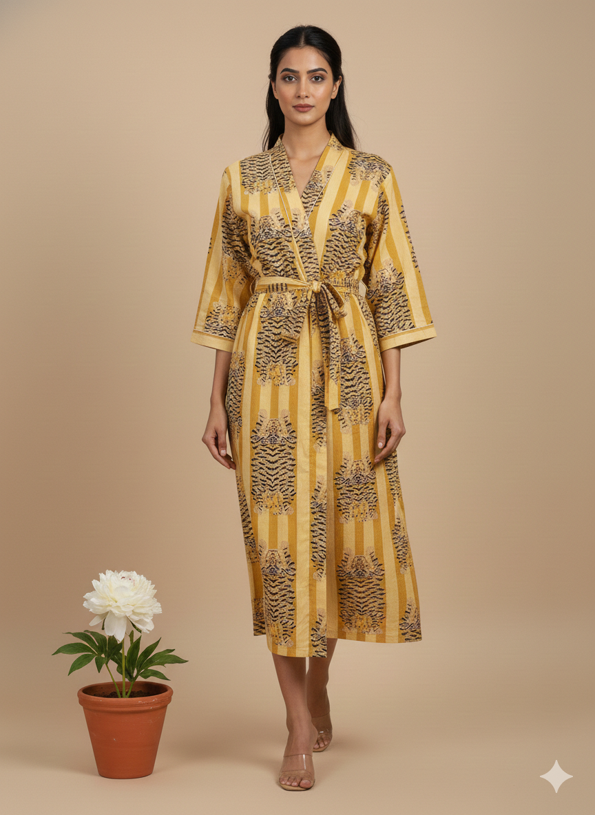Artisan Hand-Block Printed Cotton Kimono Robe - Premium 100% Cotton Long Dressing Gown - Versatile Summer Loungewear & Beach Cover-Up