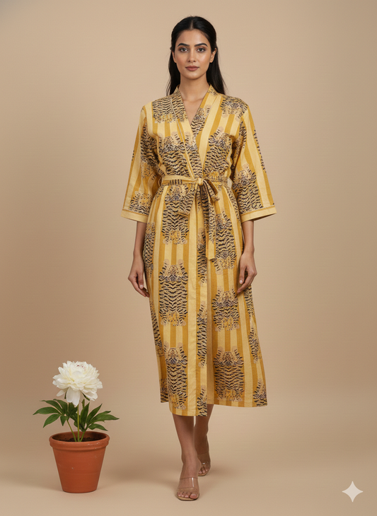 Artisan Hand-Block Printed Cotton Kimono Robe - Premium 100% Cotton Long Dressing Gown - Versatile Summer Loungewear & Beach Cover-Up