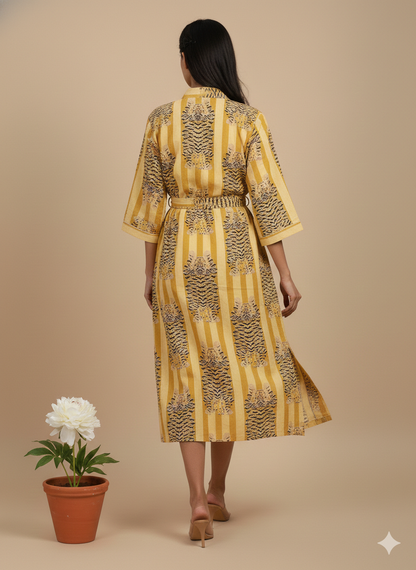 Artisan Hand-Block Printed Cotton Kimono Robe - Premium 100% Cotton Long Dressing Gown - Versatile Summer Loungewear & Beach Cover-Up