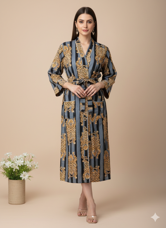 Pikaru Fashion Women's Cotton Kimono Robe - Bengal Tiger Print Long Kaftan Nightgown - Luxury Cotton Bathrobe with Pockets & Belt