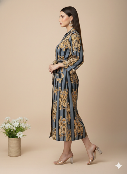 Pikaru Fashion Women's Cotton Kimono Robe - Bengal Tiger Print Long Kaftan Nightgown - Luxury Cotton Bathrobe with Pockets & Belt