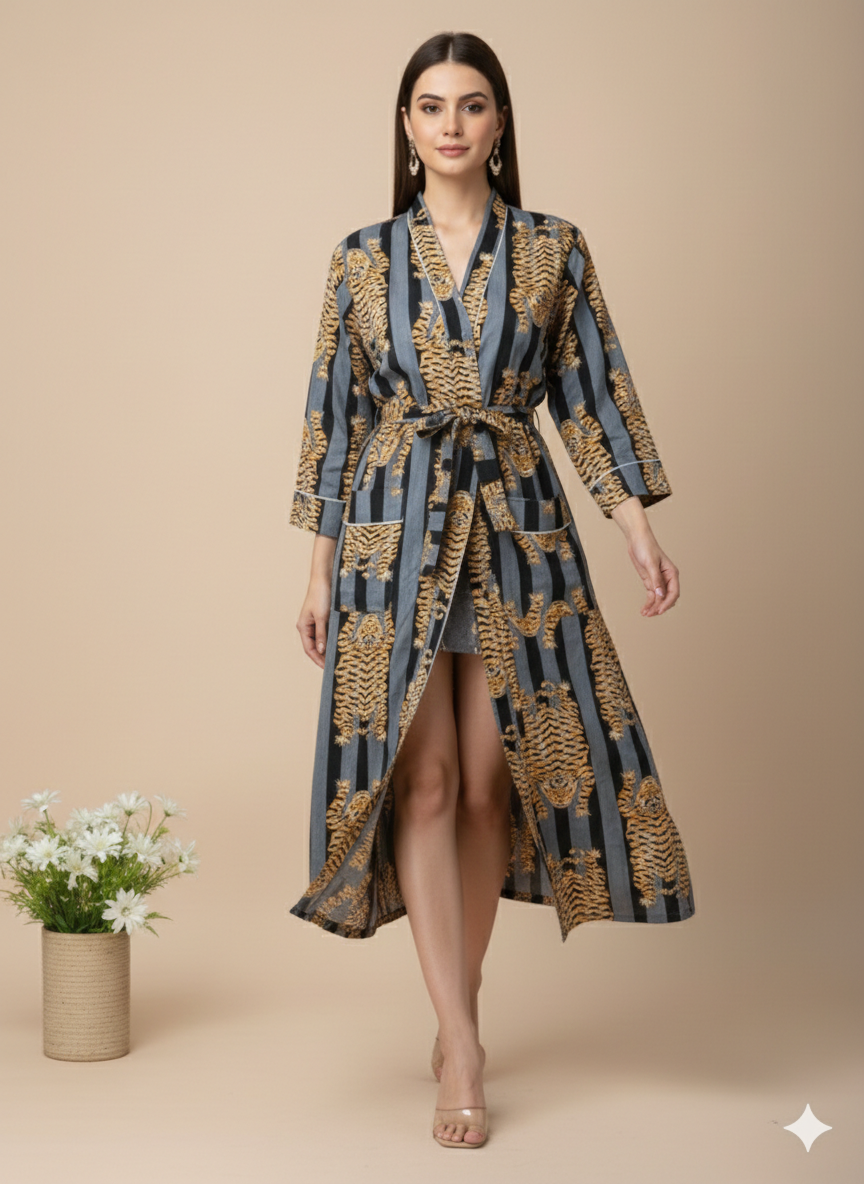 Pikaru Fashion Women's Cotton Kimono Robe - Bengal Tiger Print Long Kaftan Nightgown - Luxury Cotton Bathrobe with Pockets & Belt