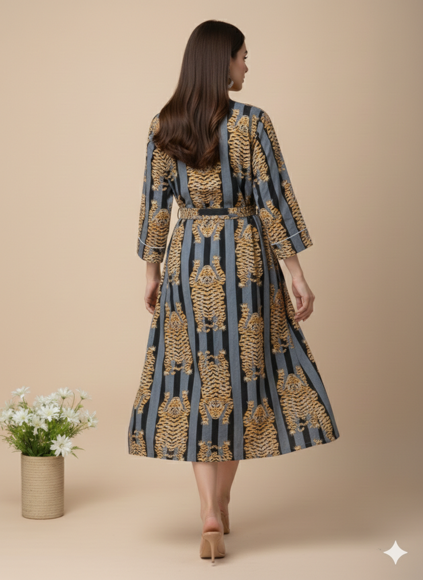 Pikaru Fashion Women's Cotton Kimono Robe - Bengal Tiger Print Long Kaftan Nightgown - Luxury Cotton Bathrobe with Pockets & Belt