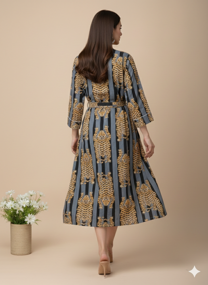 Pikaru Fashion Women's Cotton Kimono Robe - Bengal Tiger Print Long Kaftan Nightgown - Luxury Cotton Bathrobe with Pockets & Belt