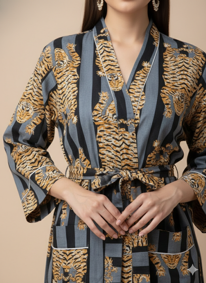 Pikaru Fashion Women's Cotton Kimono Robe - Bengal Tiger Print Long Kaftan Nightgown - Luxury Cotton Bathrobe with Pockets & Belt