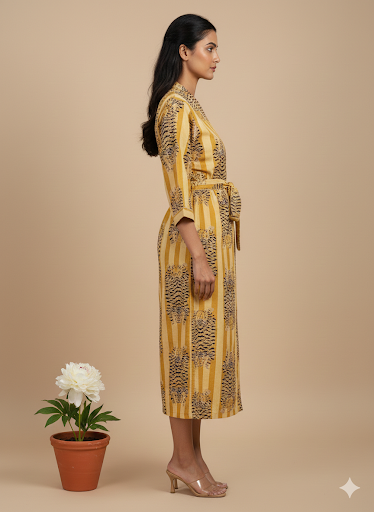 Pikaru Fashion Ochre Tiger Print Cotton Kaftan - Mustard Striped Boho Maxi Dress - Hand-Printed Summer Resort Wear & Loungewear for Women