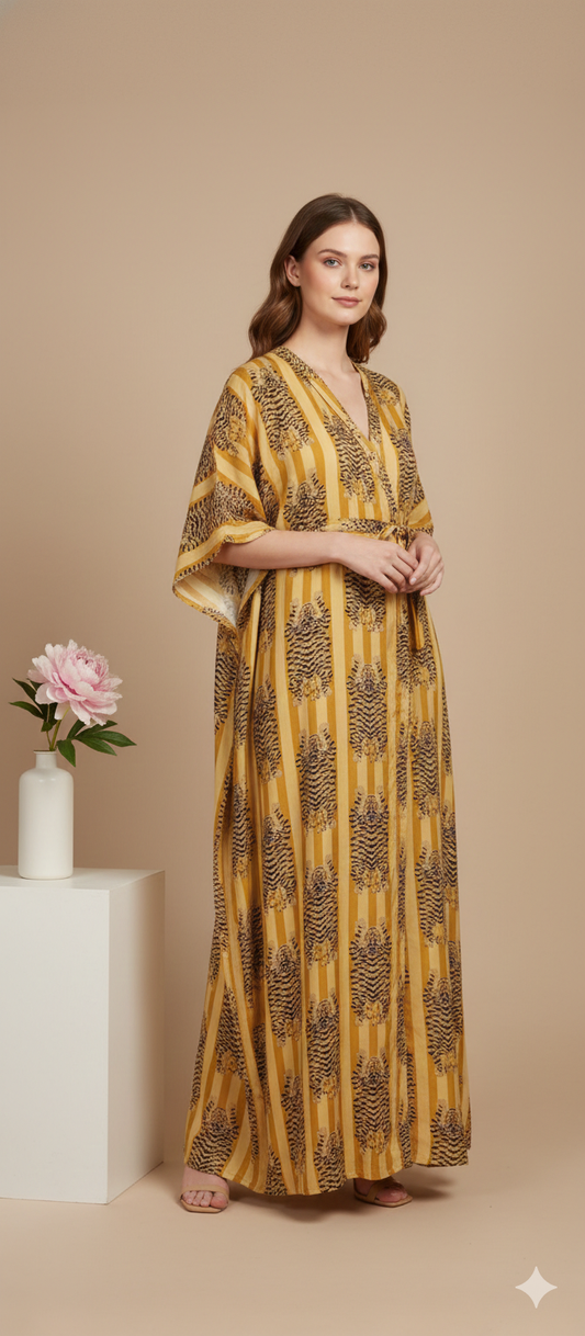 Pikaru Fashion Ochre Tiger Print Cotton Kaftan - Mustard Striped Boho Maxi Dress - Hand-Printed Summer Resort Wear & Loungewear for Women