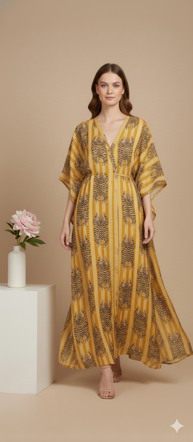 Pikaru Fashion Ochre Tiger Print Cotton Kaftan - Mustard Striped Boho Maxi Dress - Hand-Printed Summer Resort Wear & Loungewear for Women