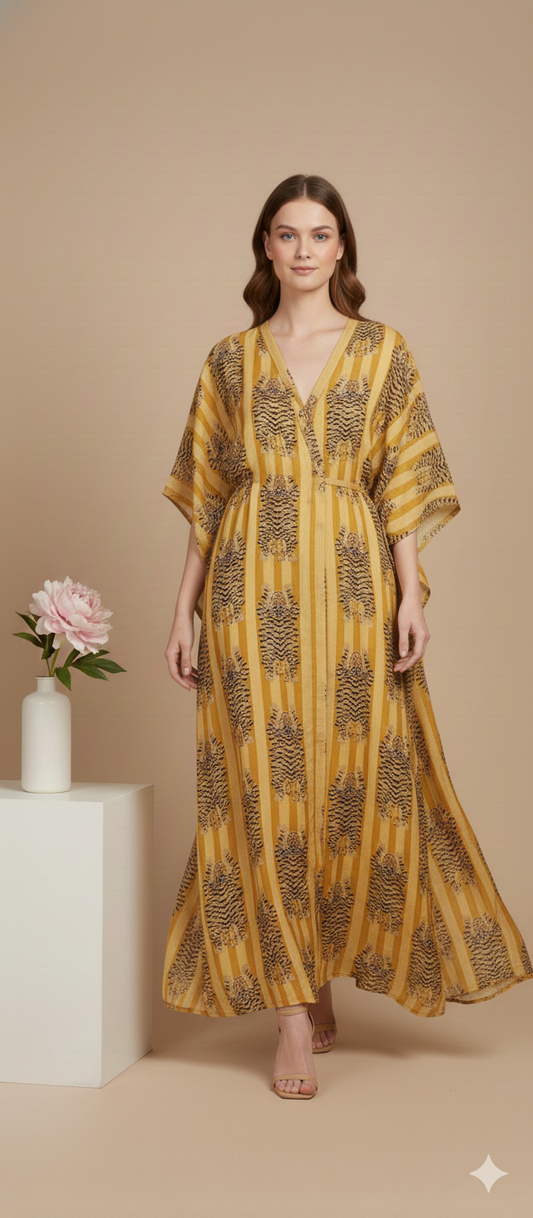 Pikaru Fashion Ochre Tiger Print Cotton Kaftan - Mustard Striped Boho Maxi Dress - Hand-Printed Summer Resort Wear & Loungewear for Women