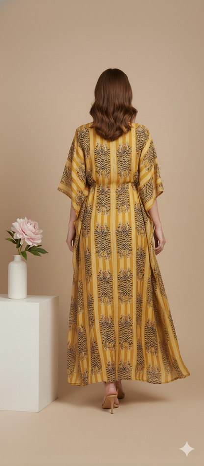 Pikaru Fashion Ochre Tiger Print Cotton Kaftan - Mustard Striped Boho Maxi Dress - Hand-Printed Summer Resort Wear & Loungewear for Women