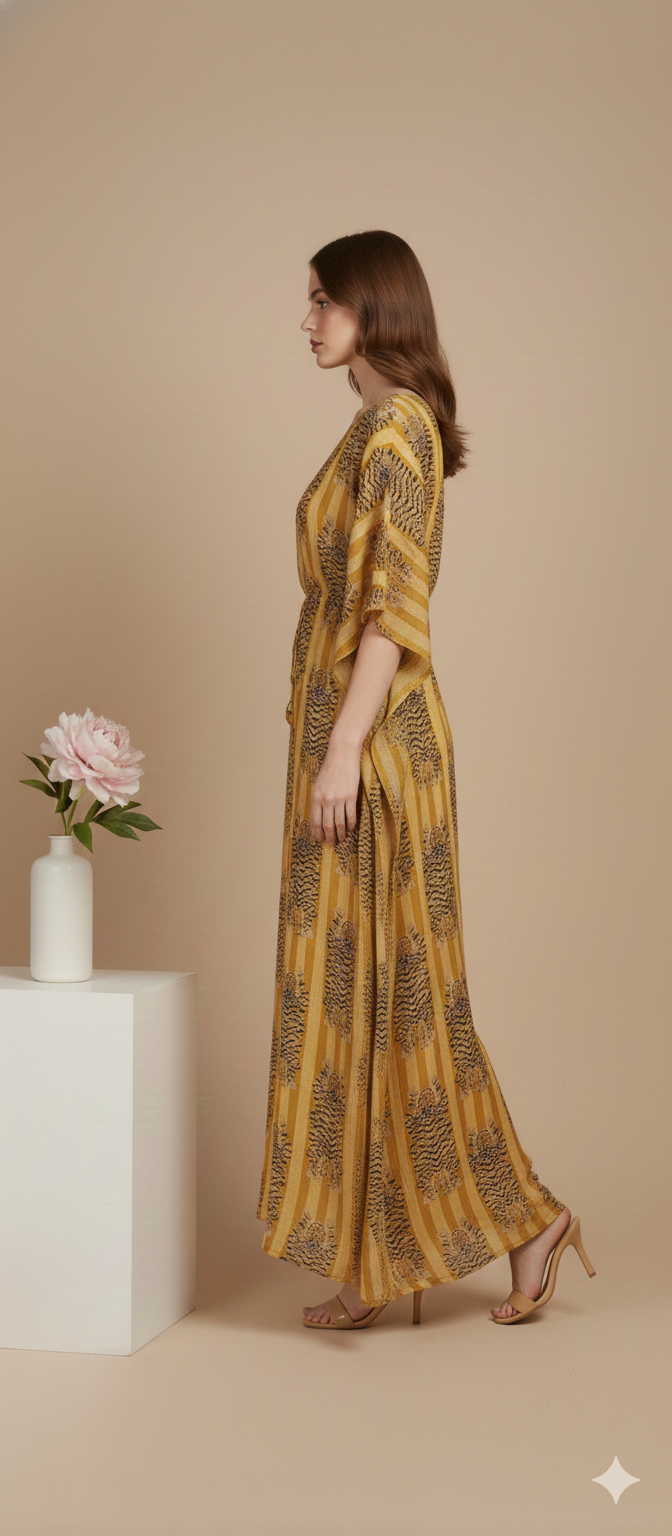 Pikaru Fashion Ochre Tiger Print Cotton Kaftan - Mustard Striped Boho Maxi Dress - Hand-Printed Summer Resort Wear & Loungewear for Women