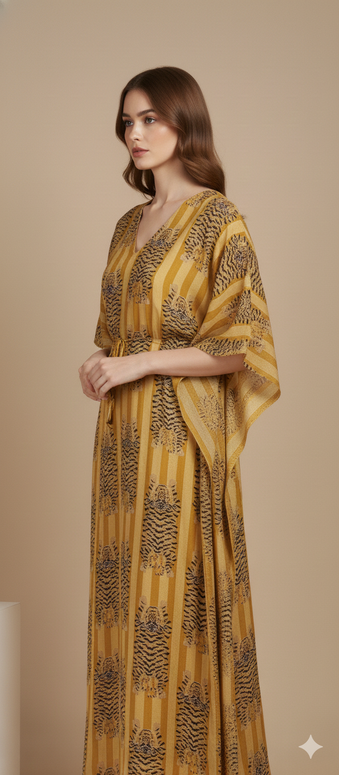 Pikaru Fashion Ochre Tiger Print Cotton Kaftan - Mustard Striped Boho Maxi Dress - Hand-Printed Summer Resort Wear & Loungewear for Women