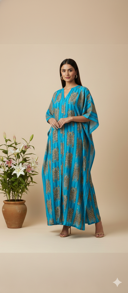 Pikaru Fashion Azure Blue Tiger Print Cotton Kaftan - Tropical Teal Striped Loungewear - Luxury Cotton Resort Dress & Beach Cover-Up