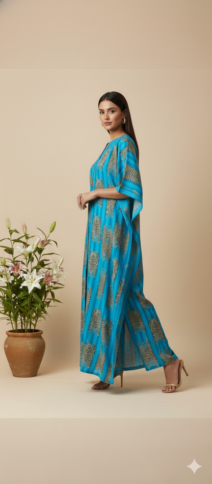 Pikaru Fashion Azure Blue Tiger Print Cotton Kaftan - Tropical Teal Striped Loungewear - Luxury Cotton Resort Dress & Beach Cover-Up