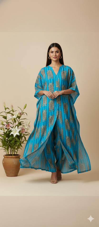 Pikaru Fashion Azure Blue Tiger Print Cotton Kaftan - Tropical Teal Striped Loungewear - Luxury Cotton Resort Dress & Beach Cover-Up