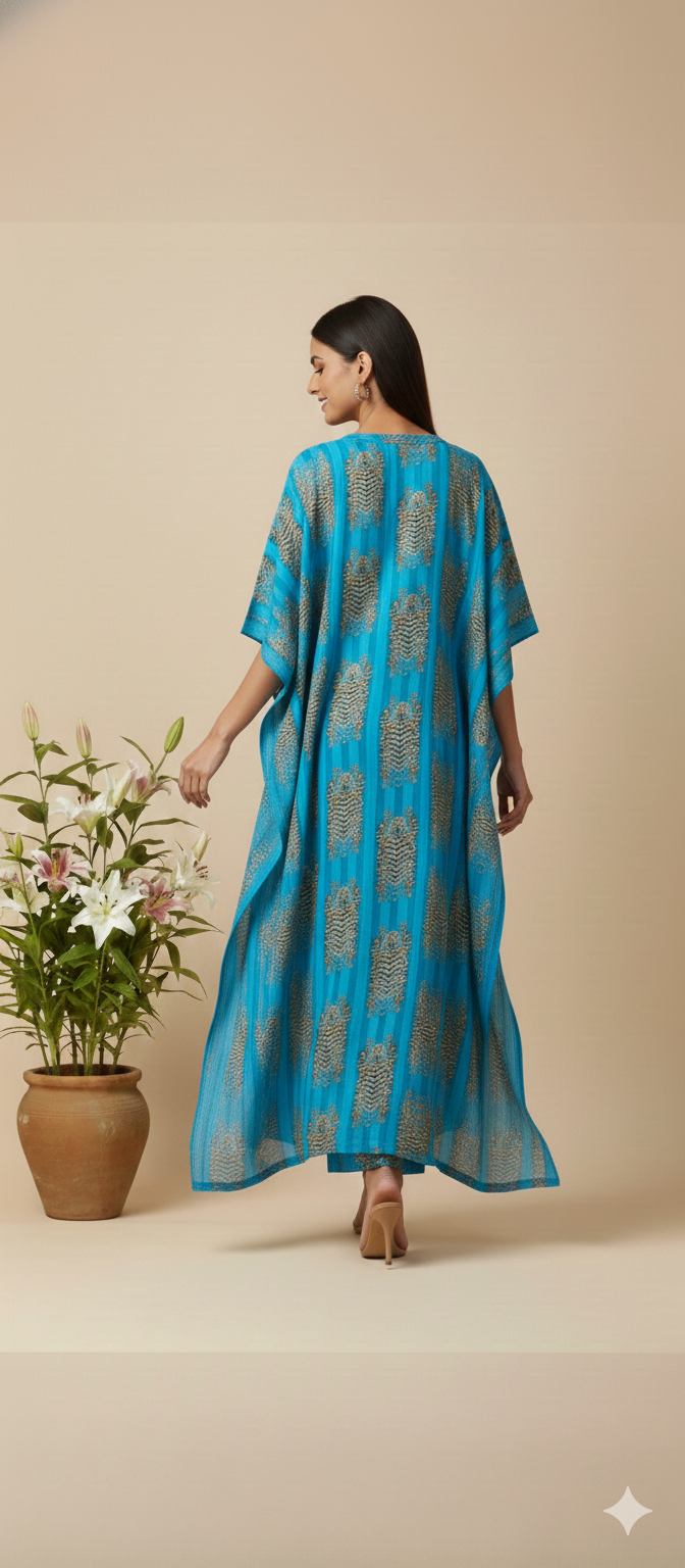 Pikaru Fashion Azure Blue Tiger Print Cotton Kaftan - Tropical Teal Striped Loungewear - Luxury Cotton Resort Dress & Beach Cover-Up