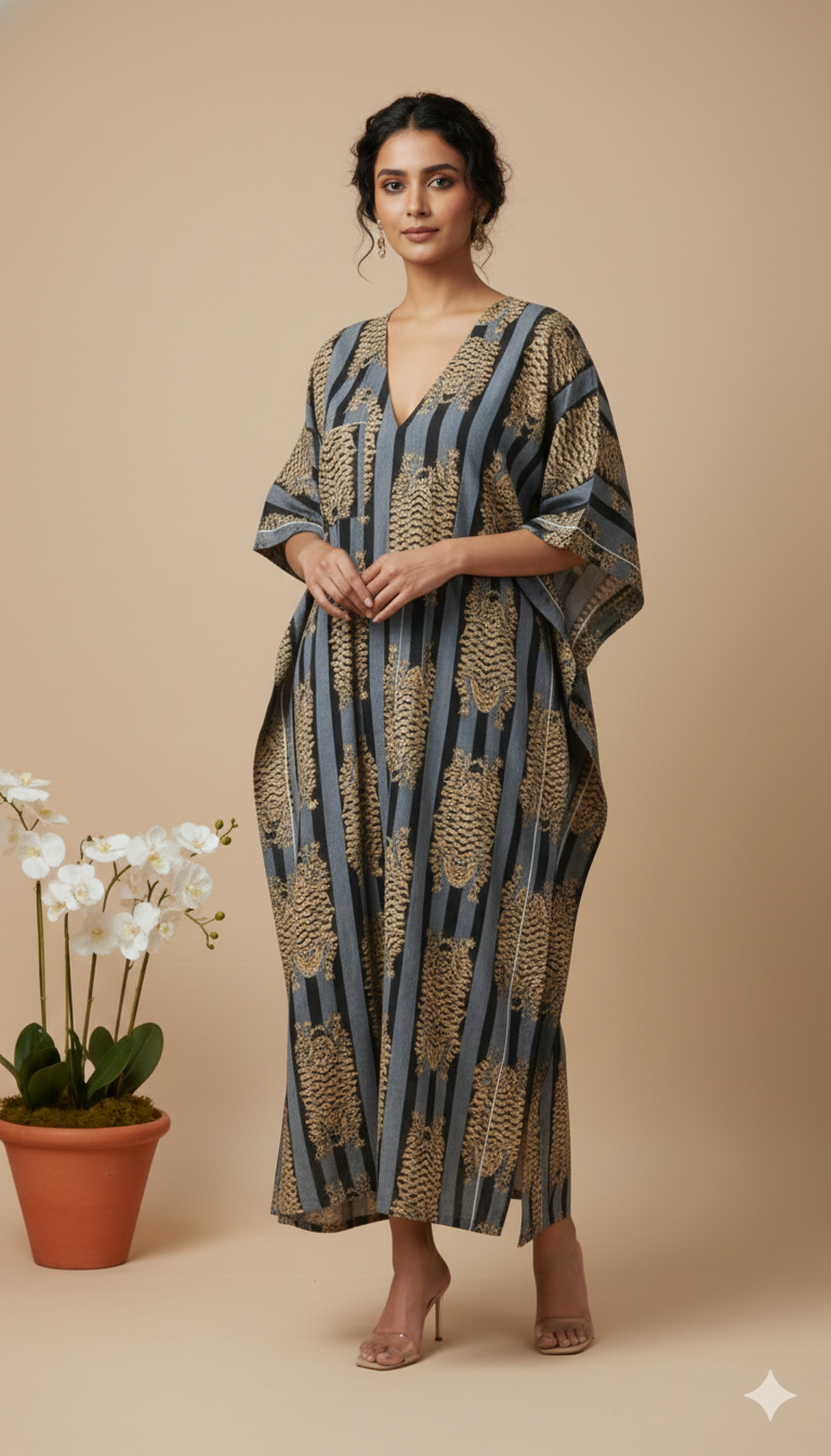 Pikaru Fashion Women's Cotton Kimono Robe - Hand-Printed Tiger & Stripe Kaftan - Luxury Loungewear & Resort Wear