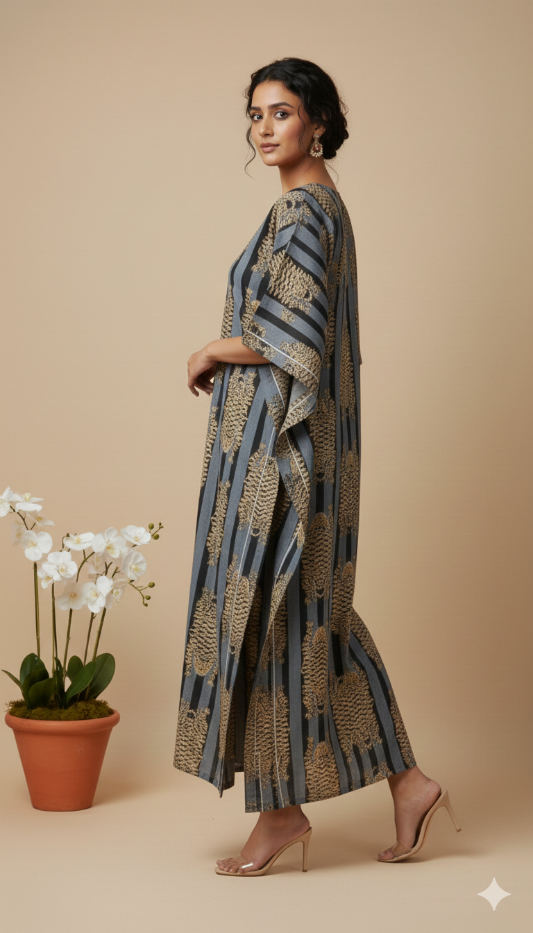 Pikaru Fashion Women's Cotton Kimono Robe - Hand-Printed Tiger & Stripe Kaftan - Luxury Loungewear & Resort Wear