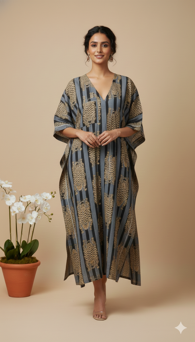 Pikaru Fashion Women's Cotton Kimono Robe - Hand-Printed Tiger & Stripe Kaftan - Luxury Loungewear & Resort Wear