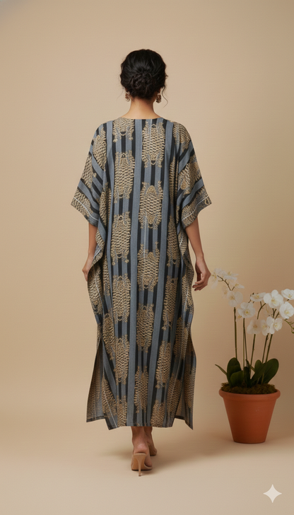 Pikaru Fashion Women's Cotton Kimono Robe - Hand-Printed Tiger & Stripe Kaftan - Luxury Loungewear & Resort Wear