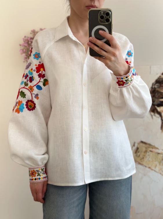Pikaru Premium Embroidered Cotton Linen Boho Blouse – Floral Bishop Sleeve Button-Down Shirt for Women