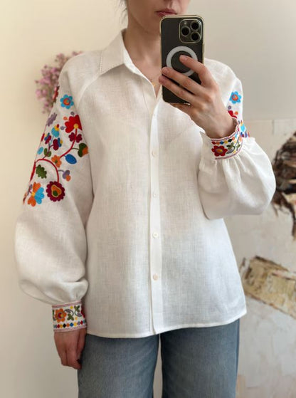 Pikaru Premium Embroidered Cotton Linen Boho Blouse – Floral Bishop Sleeve Button-Down Shirt for Women
