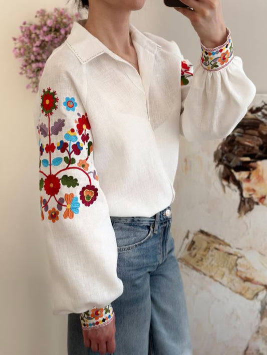 Pikaru Premium Embroidered Cotton Linen Boho Blouse – Floral Bishop Sleeve Button-Down Shirt for Women