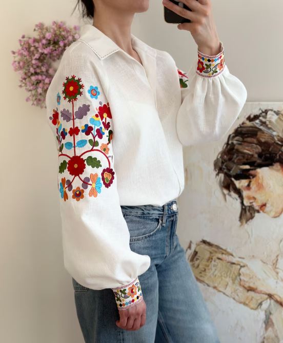 Pikaru Premium Embroidered Cotton Linen Boho Blouse – Floral Bishop Sleeve Button-Down Shirt for Women