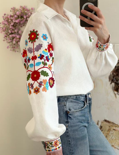 Pikaru Premium Embroidered Cotton Linen Boho Blouse – Floral Bishop Sleeve Button-Down Shirt for Women