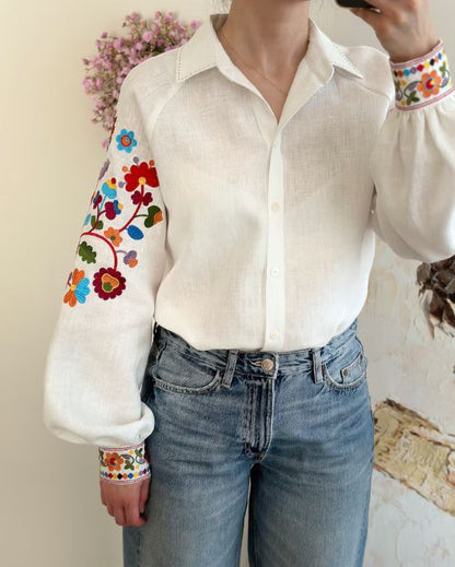 Pikaru Premium Embroidered Cotton Linen Boho Blouse – Floral Bishop Sleeve Button-Down Shirt for Women