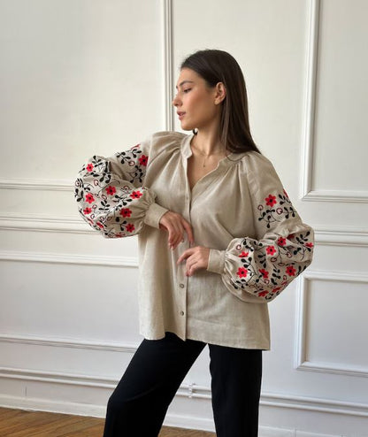 Natural Linen Floral Embroidered Cotton Blouse | Boho Red & Black Botanical Puff Sleeve Top | Folk Art Button-Up Shirt for Women | Cottagecore Style