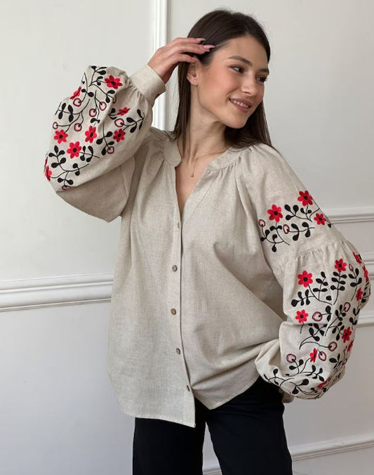 Natural Linen Floral Embroidered Cotton Blouse | Boho Red & Black Botanical Puff Sleeve Top | Folk Art Button-Up Shirt for Women | Cottagecore Style