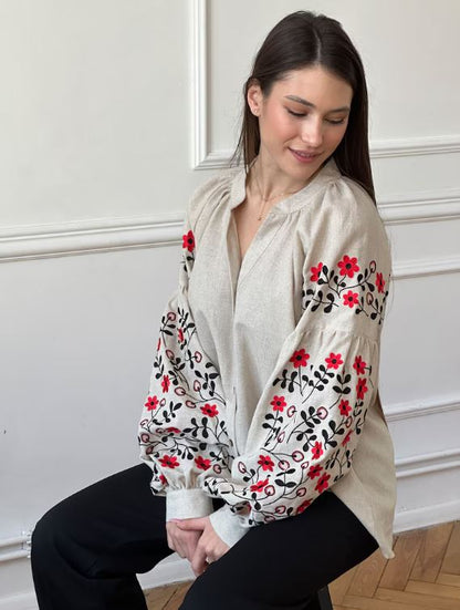 Natural Linen Floral Embroidered Cotton Blouse | Boho Red & Black Botanical Puff Sleeve Top | Folk Art Button-Up Shirt for Women | Cottagecore Style
