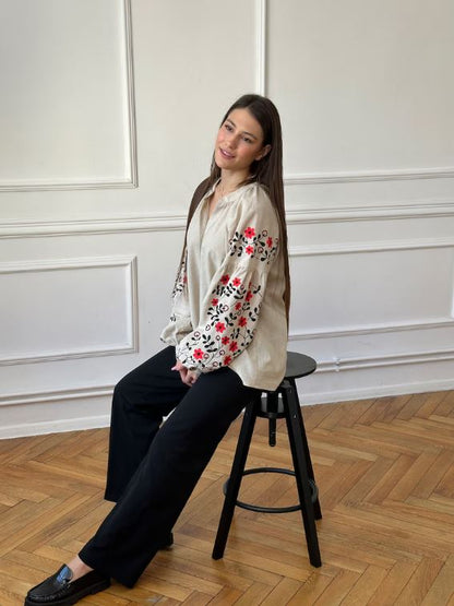 Natural Linen Floral Embroidered Cotton Blouse | Boho Red & Black Botanical Puff Sleeve Top | Folk Art Button-Up Shirt for Women | Cottagecore Style