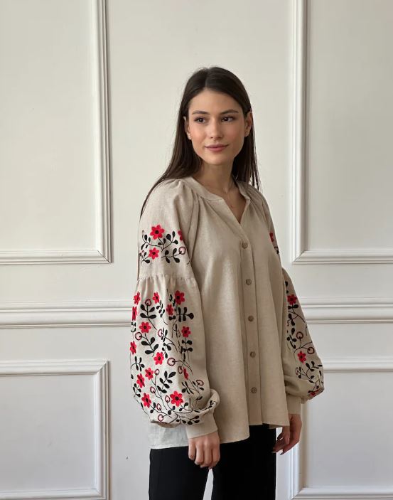Natural Linen Floral Embroidered Cotton Blouse | Boho Red & Black Botanical Puff Sleeve Top | Folk Art Button-Up Shirt for Women | Cottagecore Style