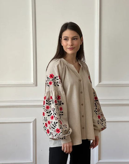 Natural Linen Floral Embroidered Cotton Blouse | Boho Red & Black Botanical Puff Sleeve Top | Folk Art Button-Up Shirt for Women | Cottagecore Style