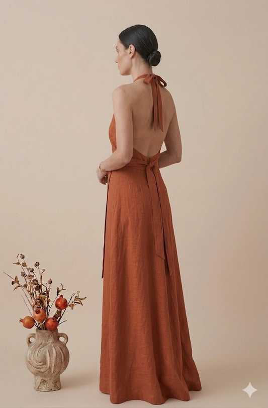 Rust Orange Linen Halter Neck Maxi Dress