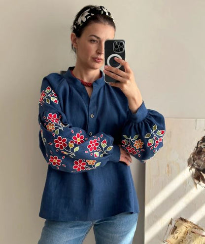 Navy Blue Floral Embroidered Cotton Blouse | Boho Puff Sleeve Button-Up Top | Folk Art Peasant Shirt for Women | Cottagecore Style
