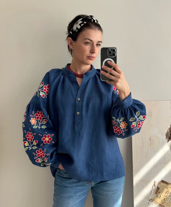 Navy Blue Floral Embroidered Cotton Blouse | Boho Puff Sleeve Button-Up Top | Folk Art Peasant Shirt for Women | Cottagecore Style