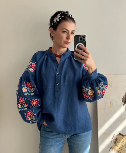 Navy Blue Floral Embroidered Cotton Blouse | Boho Puff Sleeve Button-Up Top | Folk Art Peasant Shirt for Women | Cottagecore Style