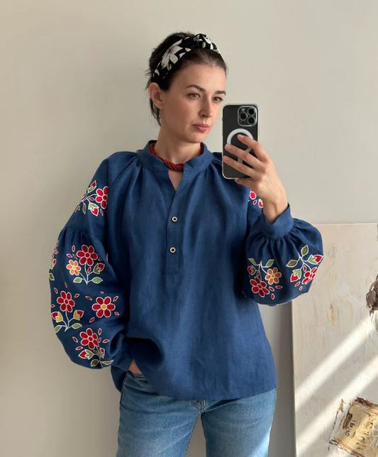 Navy Blue Floral Embroidered Cotton Blouse | Boho Puff Sleeve Button-Up Top | Folk Art Peasant Shirt for Women | Cottagecore Style