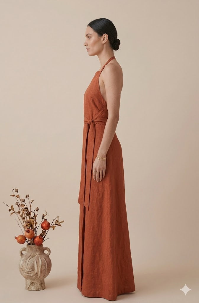 Rust Orange Linen Halter Neck Maxi Dress