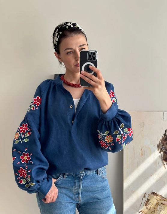 Navy Blue Floral Embroidered Cotton Blouse | Boho Puff Sleeve Button-Up Top | Folk Art Peasant Shirt for Women | Cottagecore Style