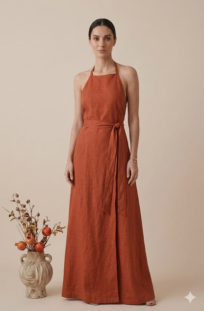 Rust Orange Linen Halter Neck Maxi Dress