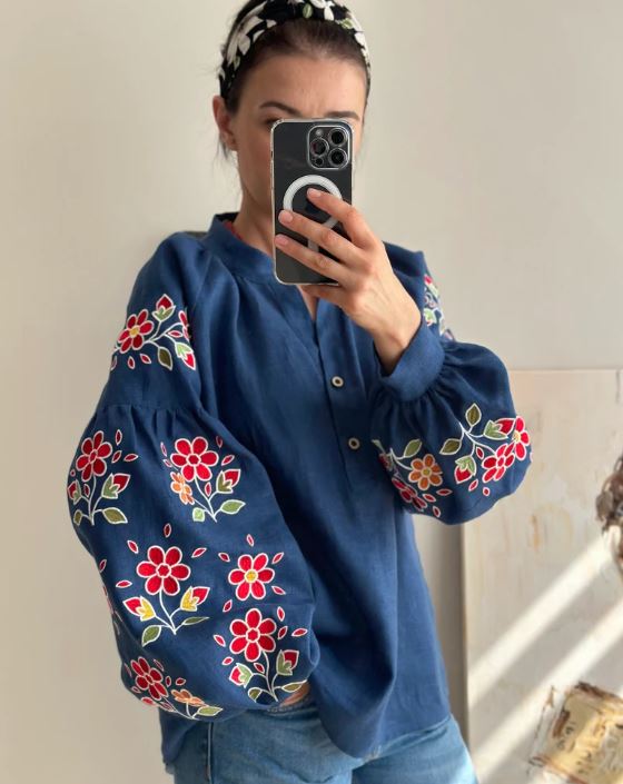 Navy Blue Floral Embroidered Cotton Blouse | Boho Puff Sleeve Button-Up Top | Folk Art Peasant Shirt for Women | Cottagecore Style