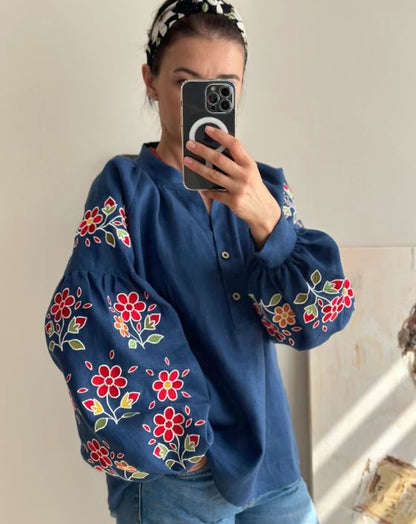 Navy Blue Floral Embroidered Cotton Blouse | Boho Puff Sleeve Button-Up Top | Folk Art Peasant Shirt for Women | Cottagecore Style