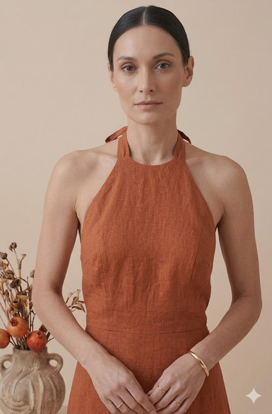 Rust Orange Linen Halter Neck Maxi Dress