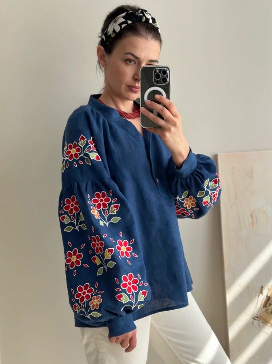 Navy Blue Floral Embroidered Cotton Blouse | Boho Puff Sleeve Button-Up Top | Folk Art Peasant Shirt for Women | Cottagecore Style