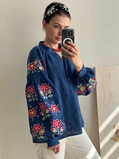 Navy Blue Floral Embroidered Cotton Blouse | Boho Puff Sleeve Button-Up Top | Folk Art Peasant Shirt for Women | Cottagecore Style